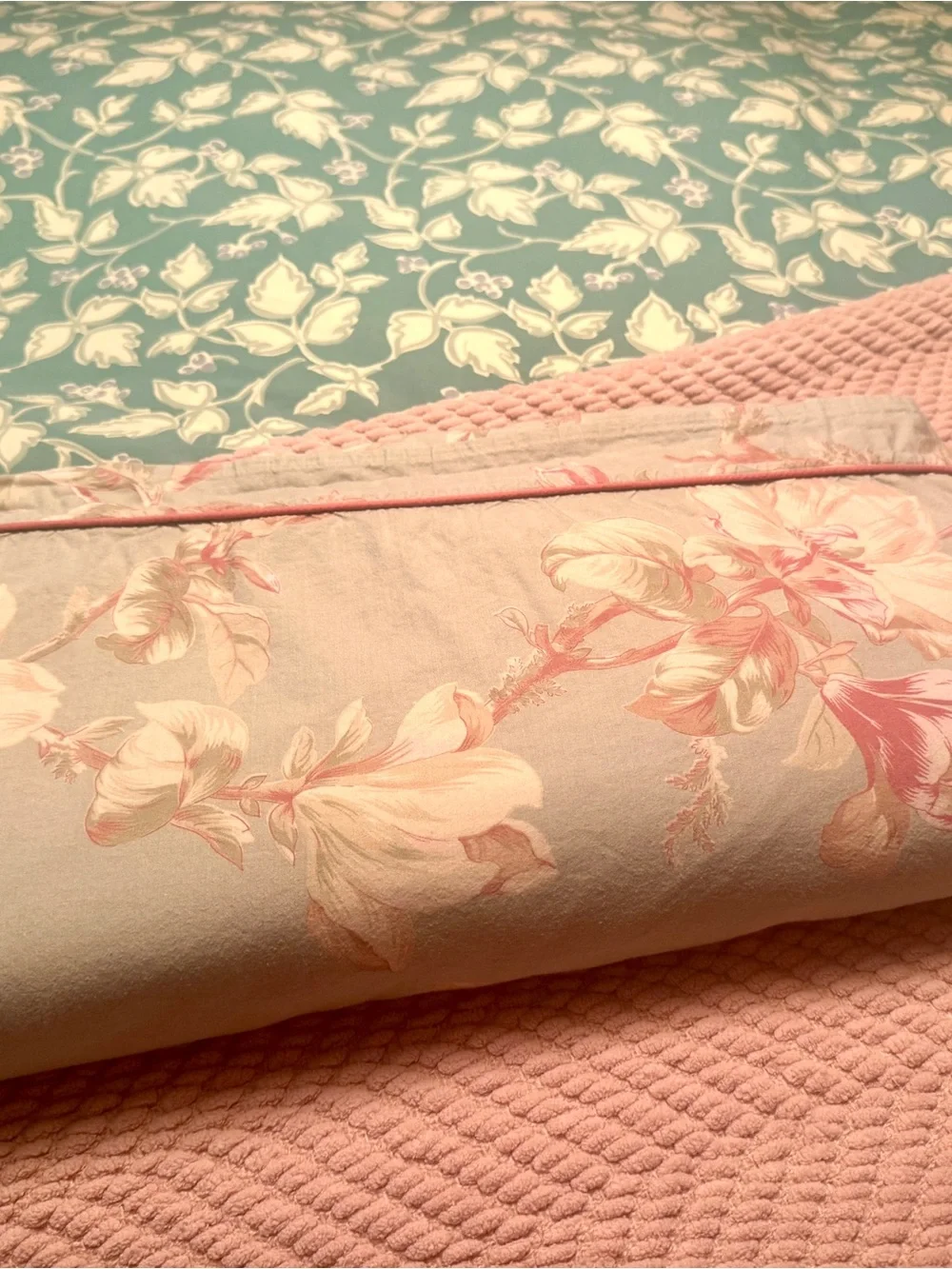 Floral Pastel Duvet Cover on a Light Moss Background with Pink-Coral Piping